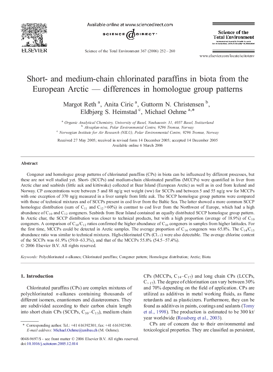 Short- and medium-chain chlorinated paraffins in biota from the European Arctic — differences in homologue group patterns