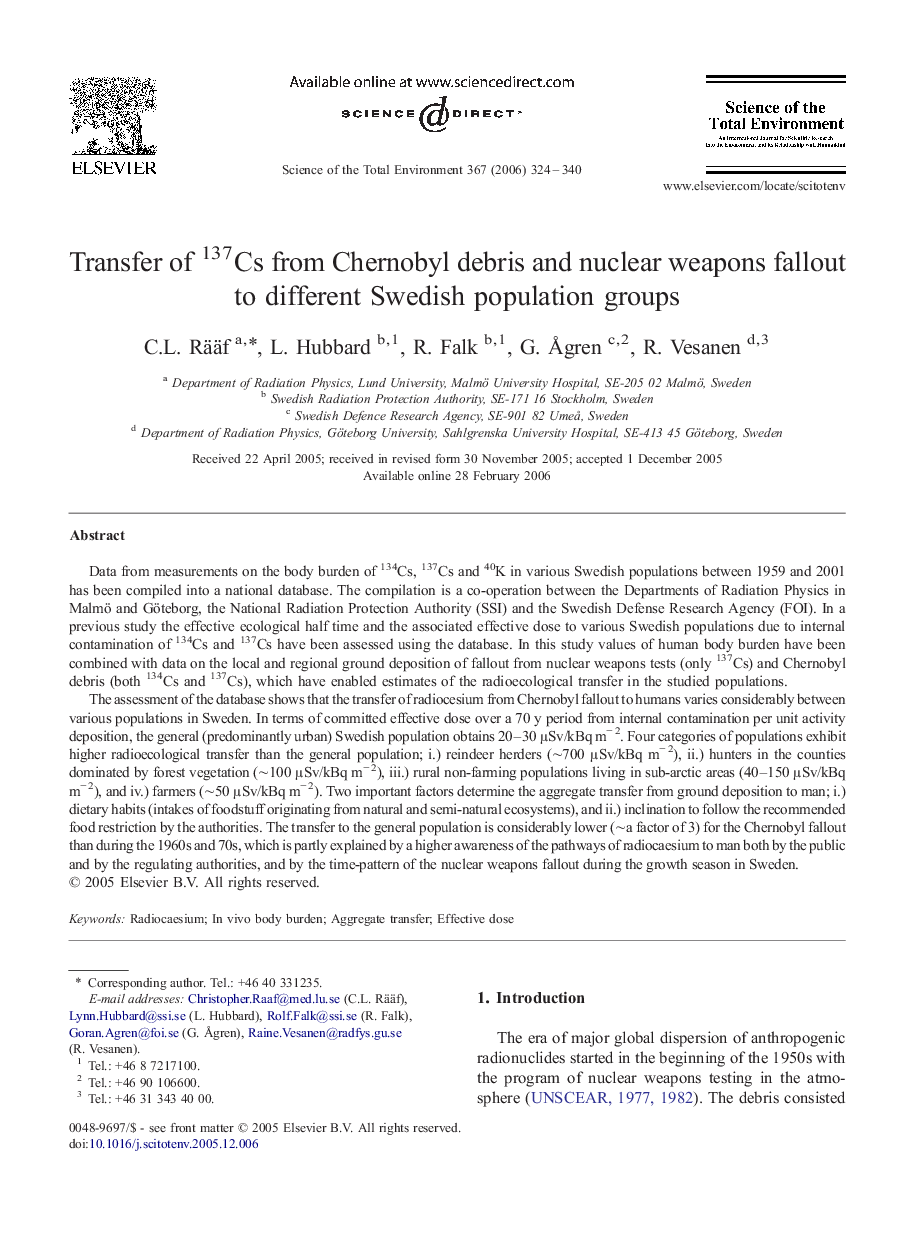 Transfer of 137Cs from Chernobyl debris and nuclear weapons fallout to different Swedish population groups