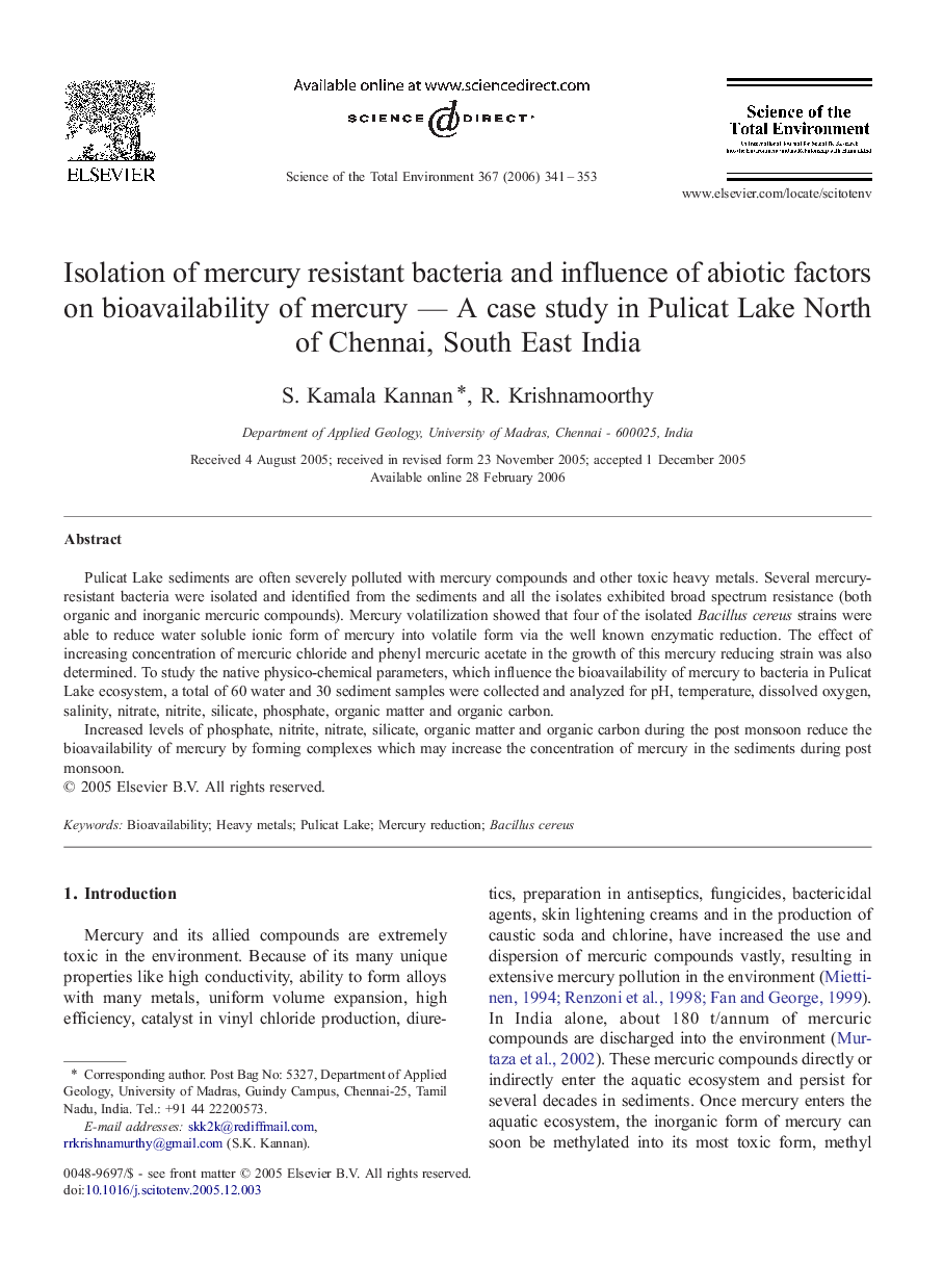 Isolation of mercury resistant bacteria and influence of abiotic factors on bioavailability of mercury — A case study in Pulicat Lake North of Chennai, South East India