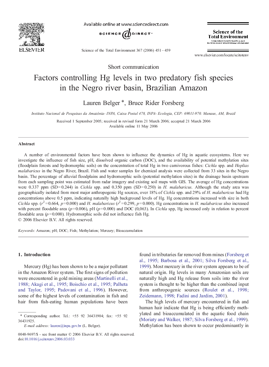 Factors controlling Hg levels in two predatory fish species in the Negro river basin, Brazilian Amazon