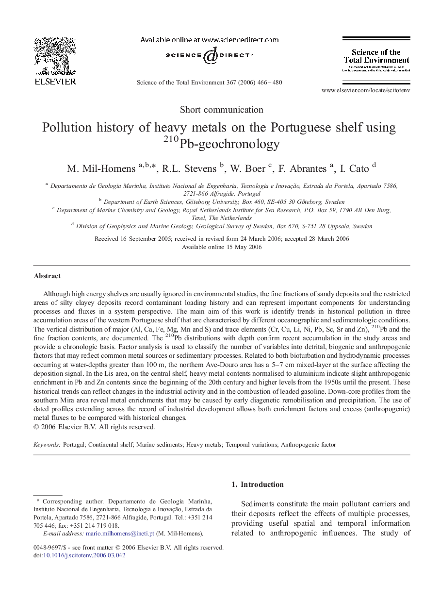 Pollution history of heavy metals on the Portuguese shelf using 210Pb-geochronology