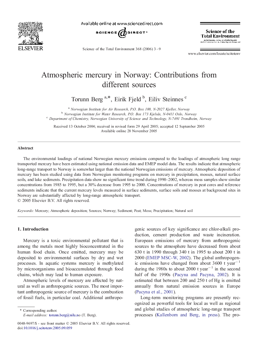 Atmospheric mercury in Norway: Contributions from different sources