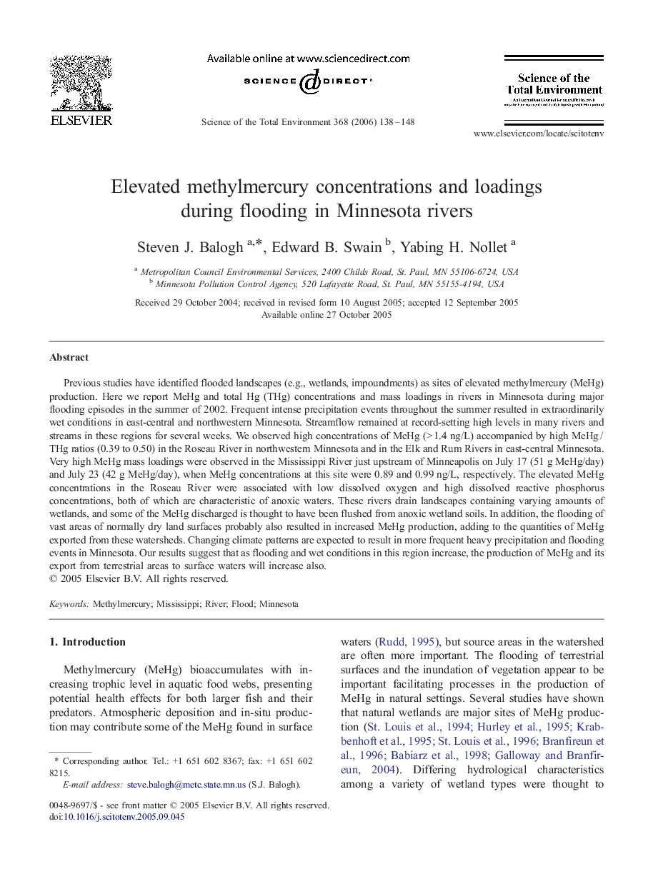 Elevated methylmercury concentrations and loadings during flooding in Minnesota rivers