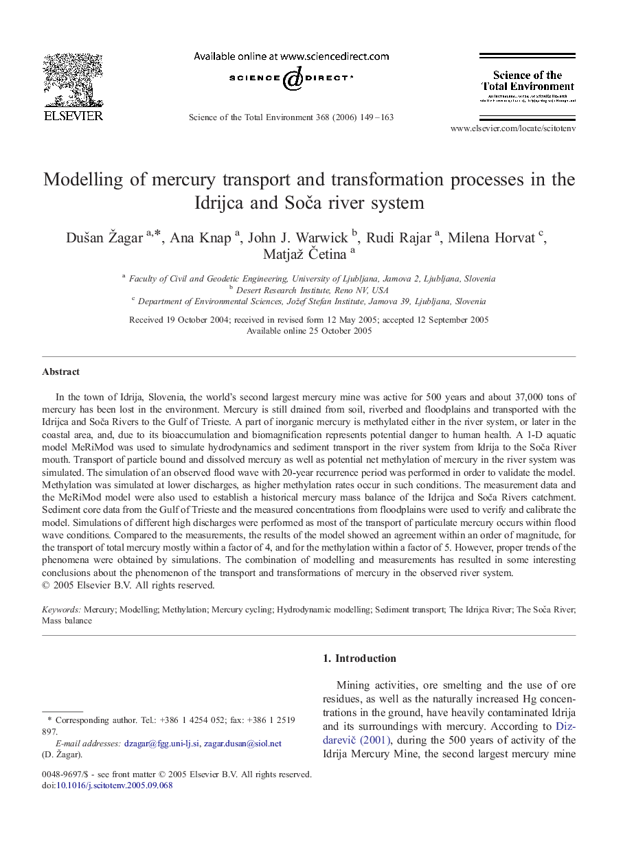 Modelling of mercury transport and transformation processes in the Idrijca and Soča river system