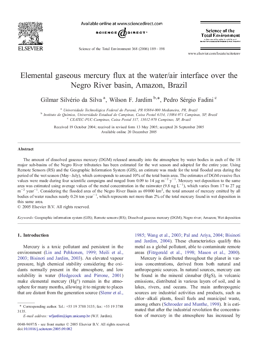 Elemental gaseous mercury flux at the water/air interface over the Negro River basin, Amazon, Brazil