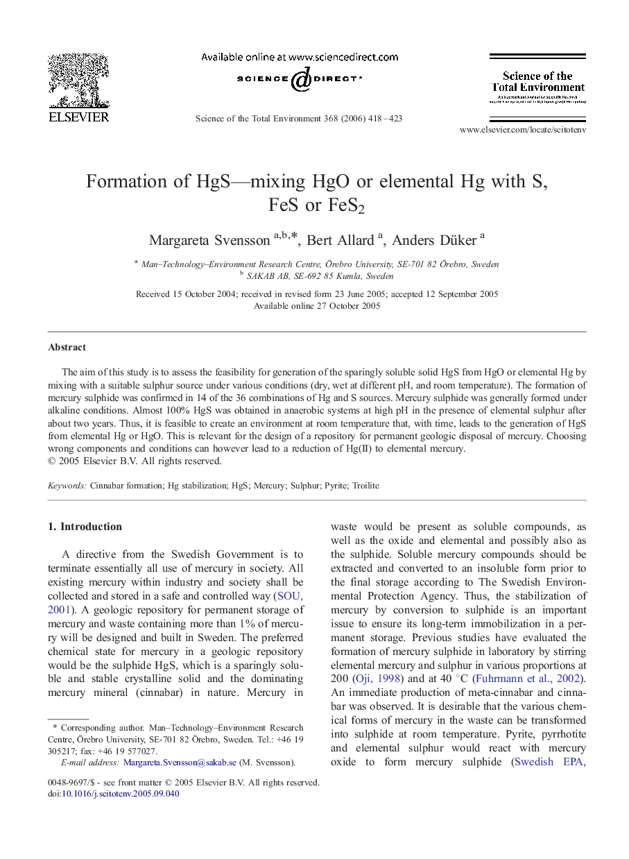 Formation of HgS—mixing HgO or elemental Hg with S, FeS or FeS2