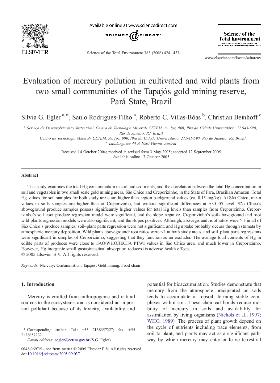 Evaluation of mercury pollution in cultivated and wild plants from two small communities of the Tapajós gold mining reserve, Pará State, Brazil