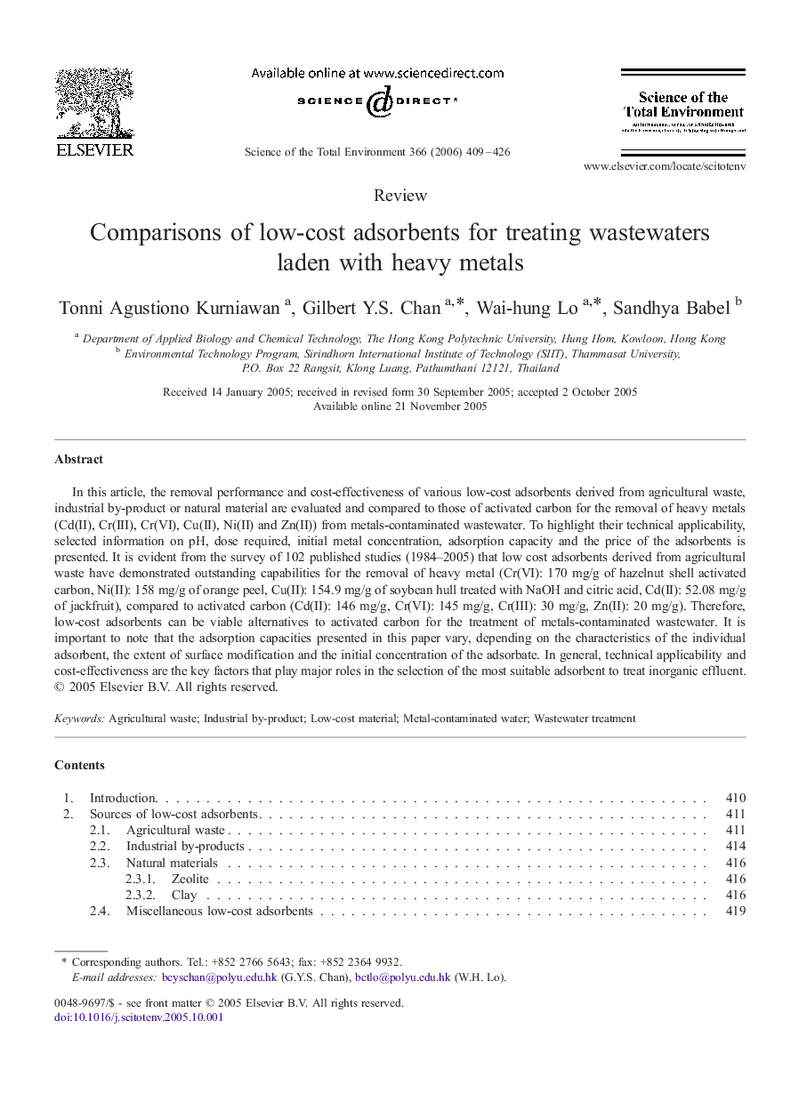 Comparisons of low-cost adsorbents for treating wastewaters laden with heavy metals