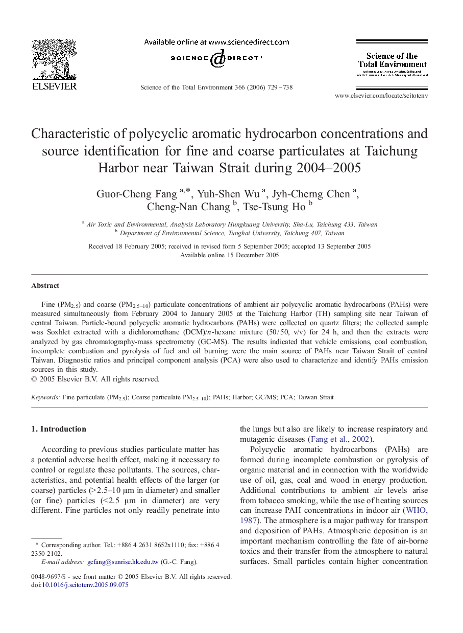 Characteristic of polycyclic aromatic hydrocarbon concentrations and source identification for fine and coarse particulates at Taichung Harbor near Taiwan Strait during 2004–2005