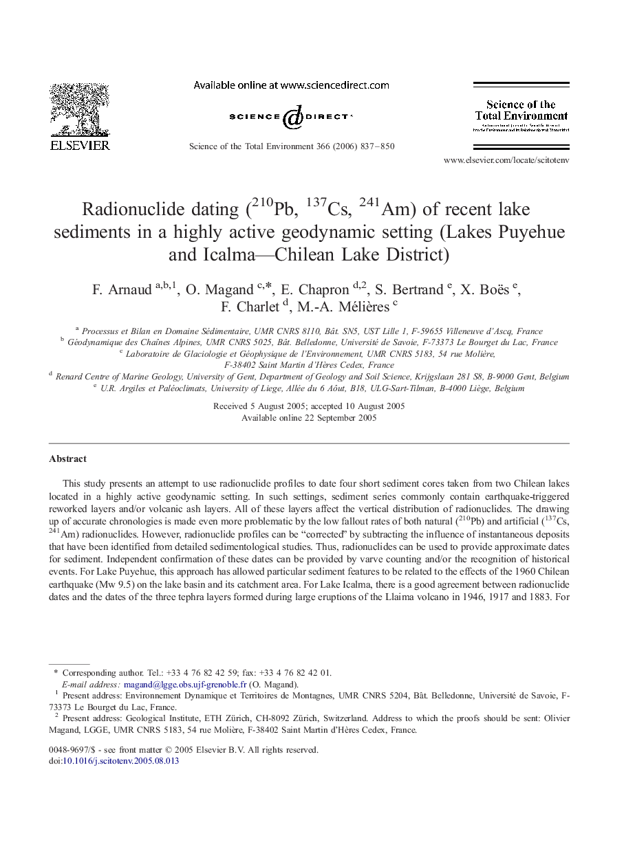 Radionuclide dating (210Pb, 137Cs, 241Am) of recent lake sediments in a highly active geodynamic setting (Lakes Puyehue and Icalma—Chilean Lake District)