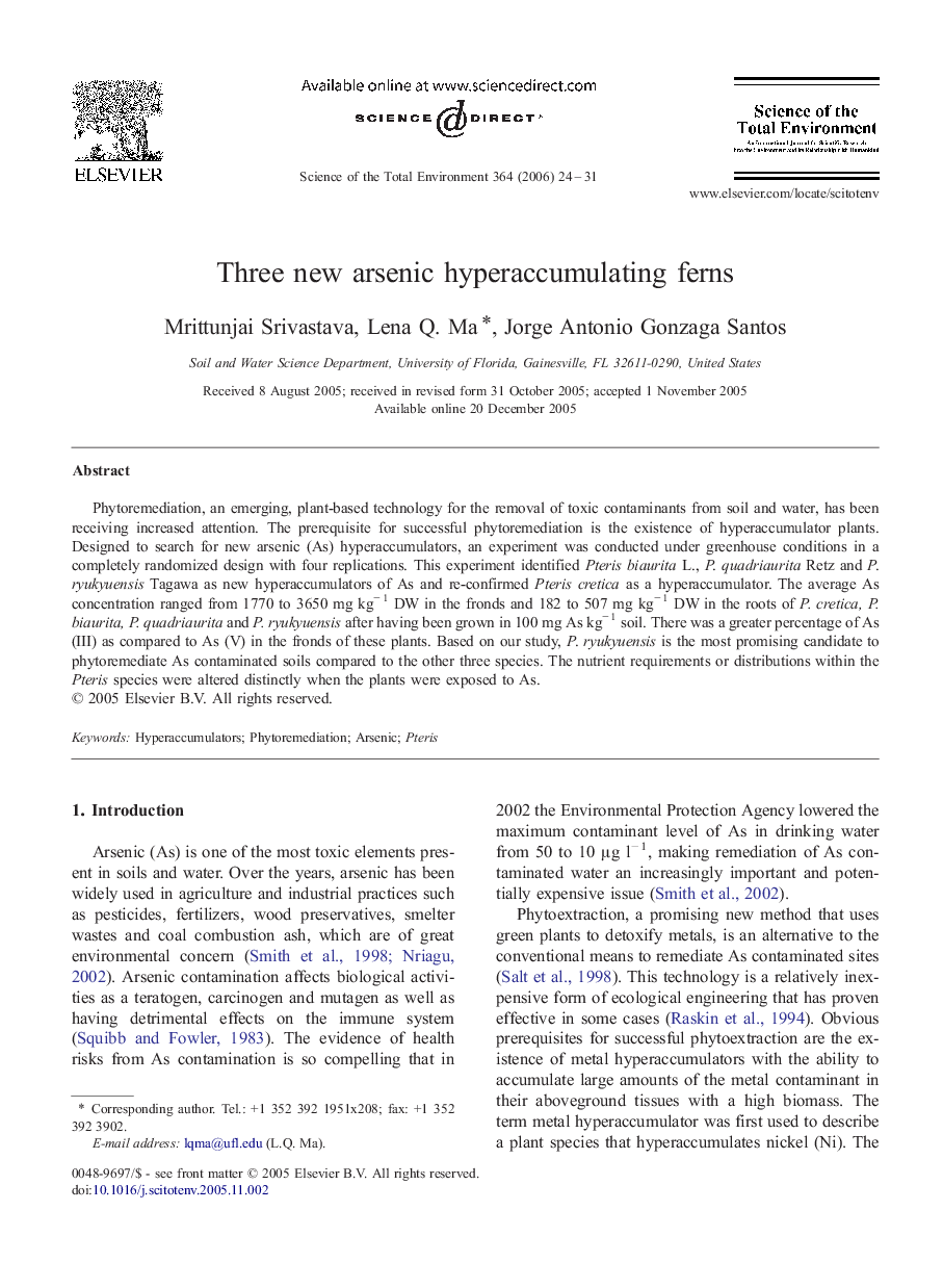 Three new arsenic hyperaccumulating ferns