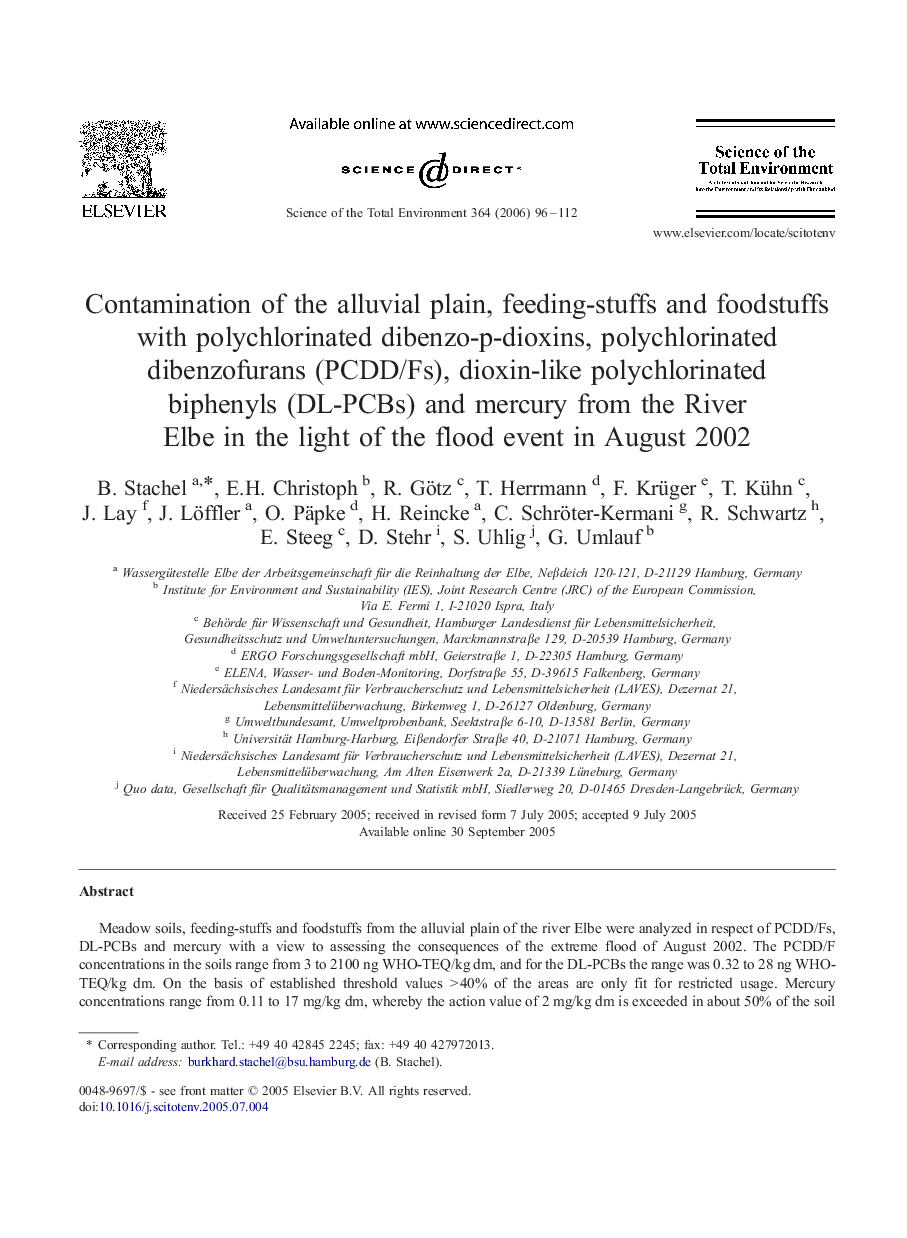 Contamination of the alluvial plain, feeding-stuffs and foodstuffs with polychlorinated dibenzo-p-dioxins, polychlorinated dibenzofurans (PCDD/Fs), dioxin-like polychlorinated biphenyls (DL-PCBs) and mercury from the River Elbe in the light of the flood e