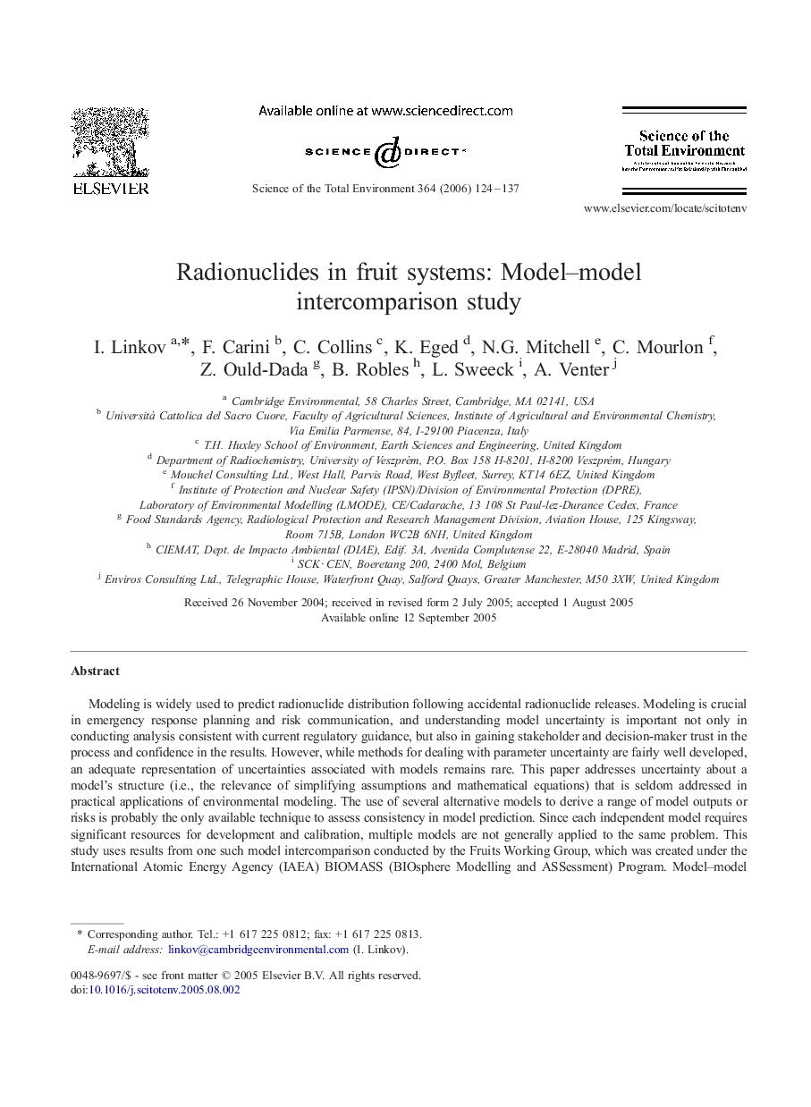 Radionuclides in fruit systems: Model–model intercomparison study