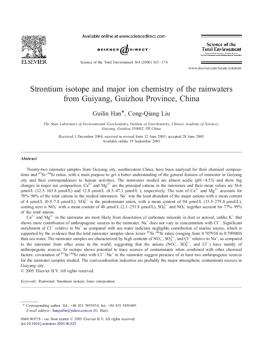Strontium isotope and major ion chemistry of the rainwaters from Guiyang, Guizhou Province, China