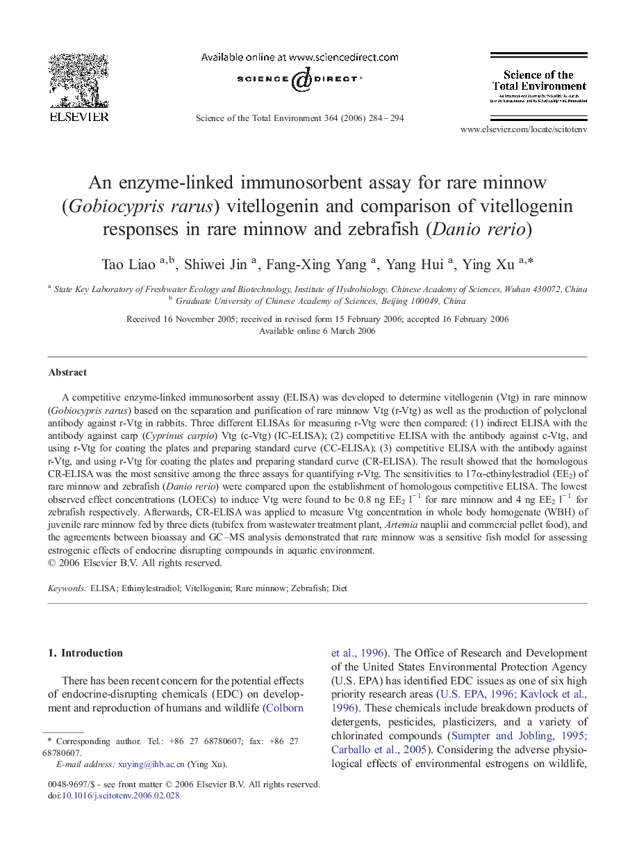 An enzyme-linked immunosorbent assay for rare minnow (Gobiocypris rarus) vitellogenin and comparison of vitellogenin responses in rare minnow and zebrafish (Danio rerio)