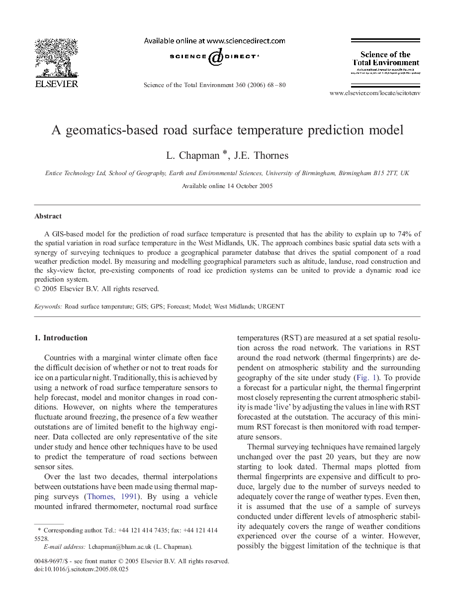 A geomatics-based road surface temperature prediction model