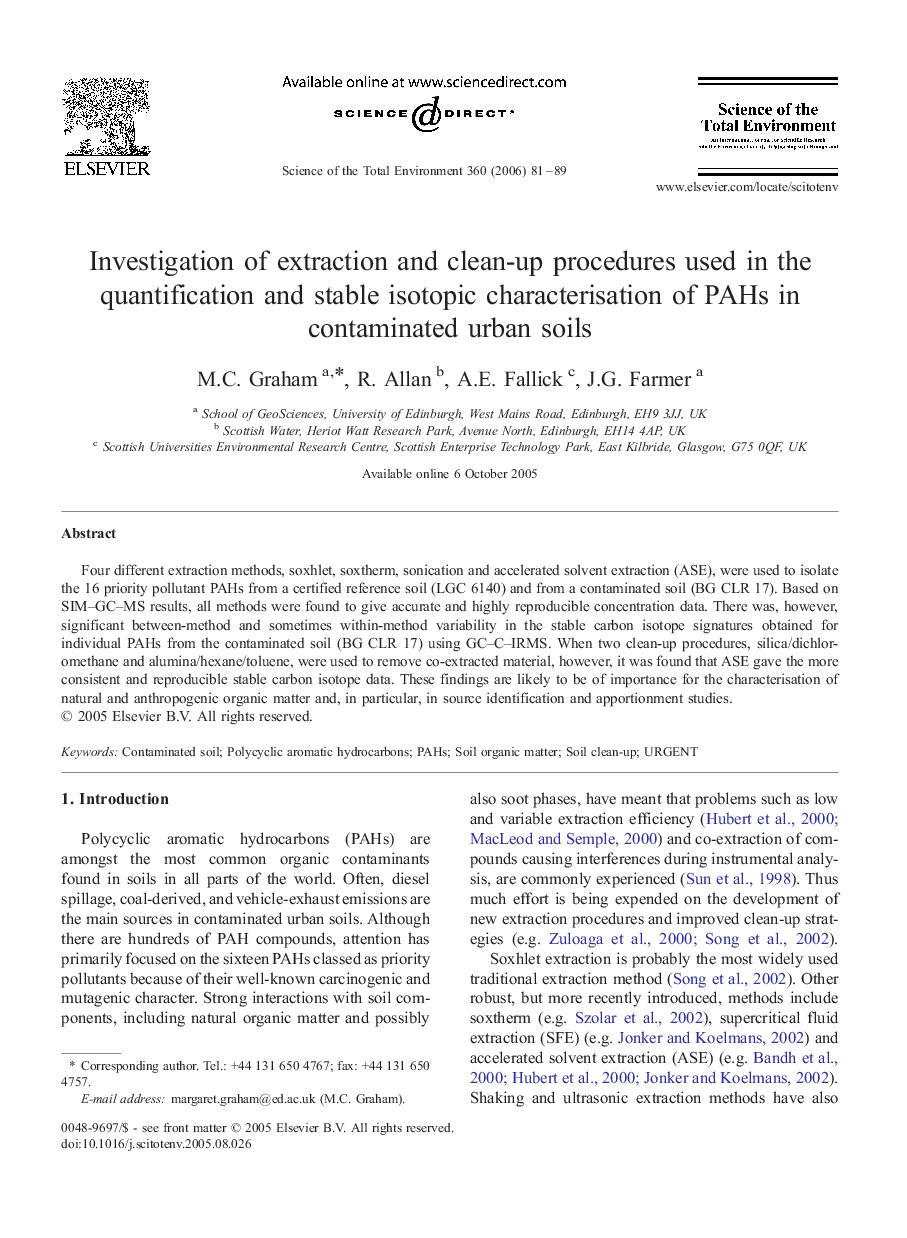 Investigation of extraction and clean-up procedures used in the quantification and stable isotopic characterisation of PAHs in contaminated urban soils