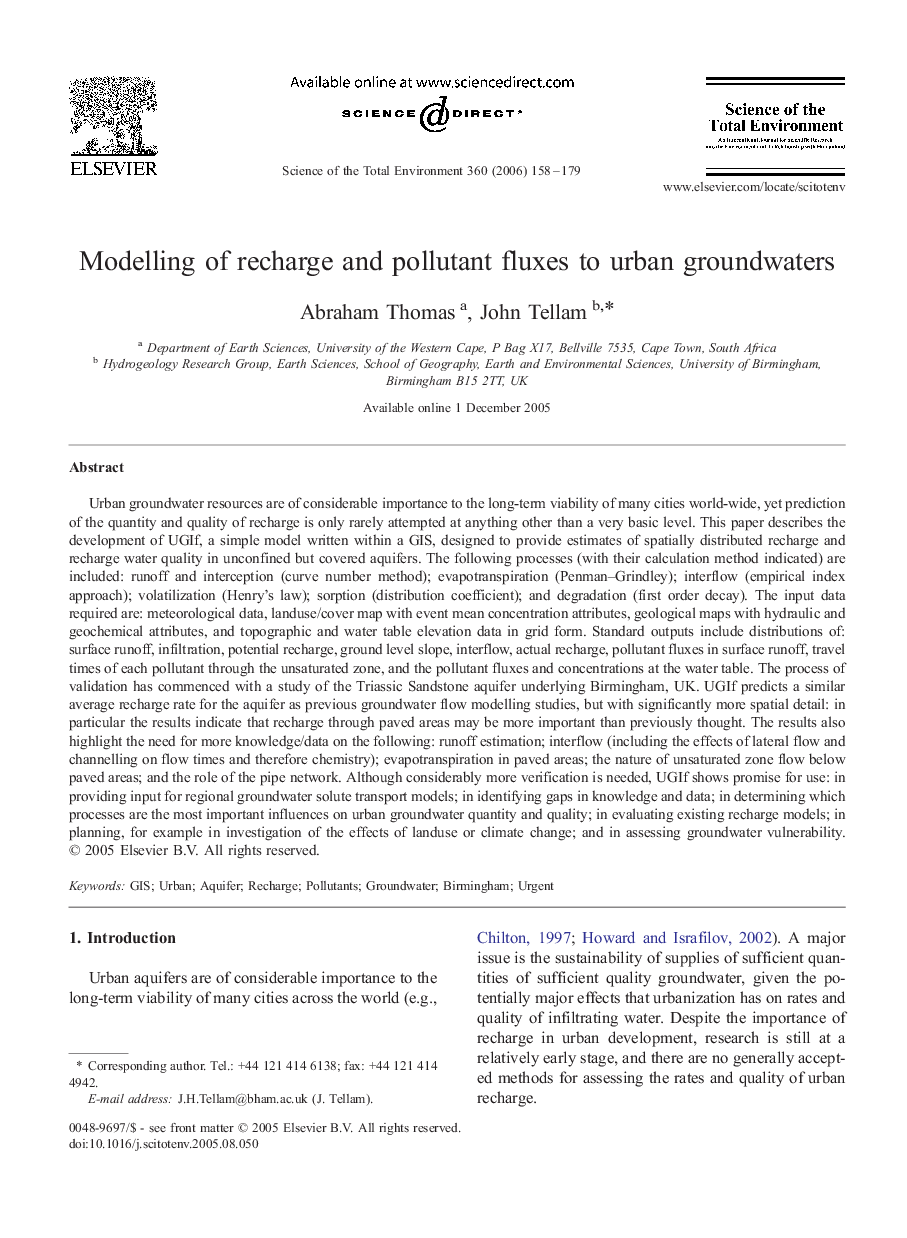 Modelling of recharge and pollutant fluxes to urban groundwaters