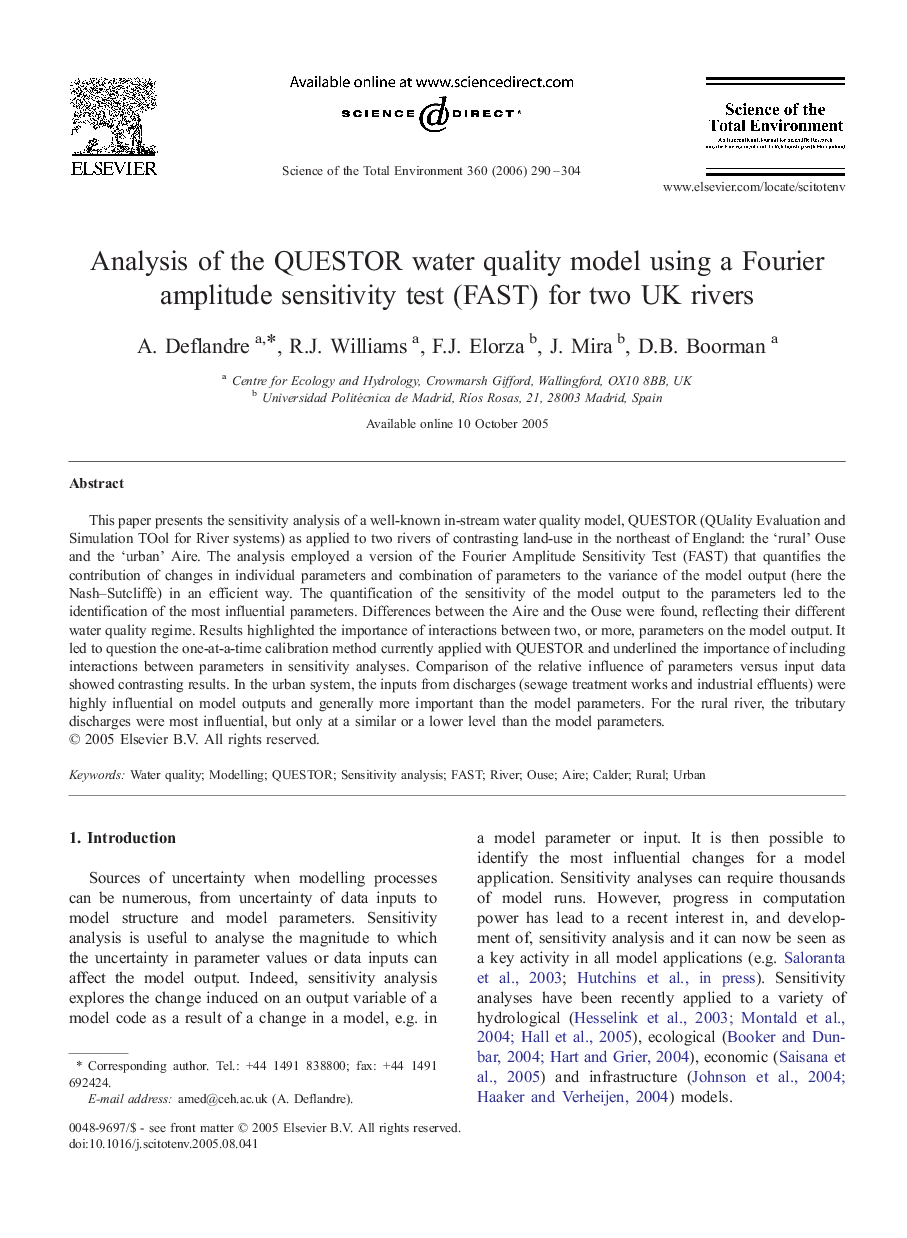 Analysis of the QUESTOR water quality model using a Fourier amplitude sensitivity test (FAST) for two UK rivers