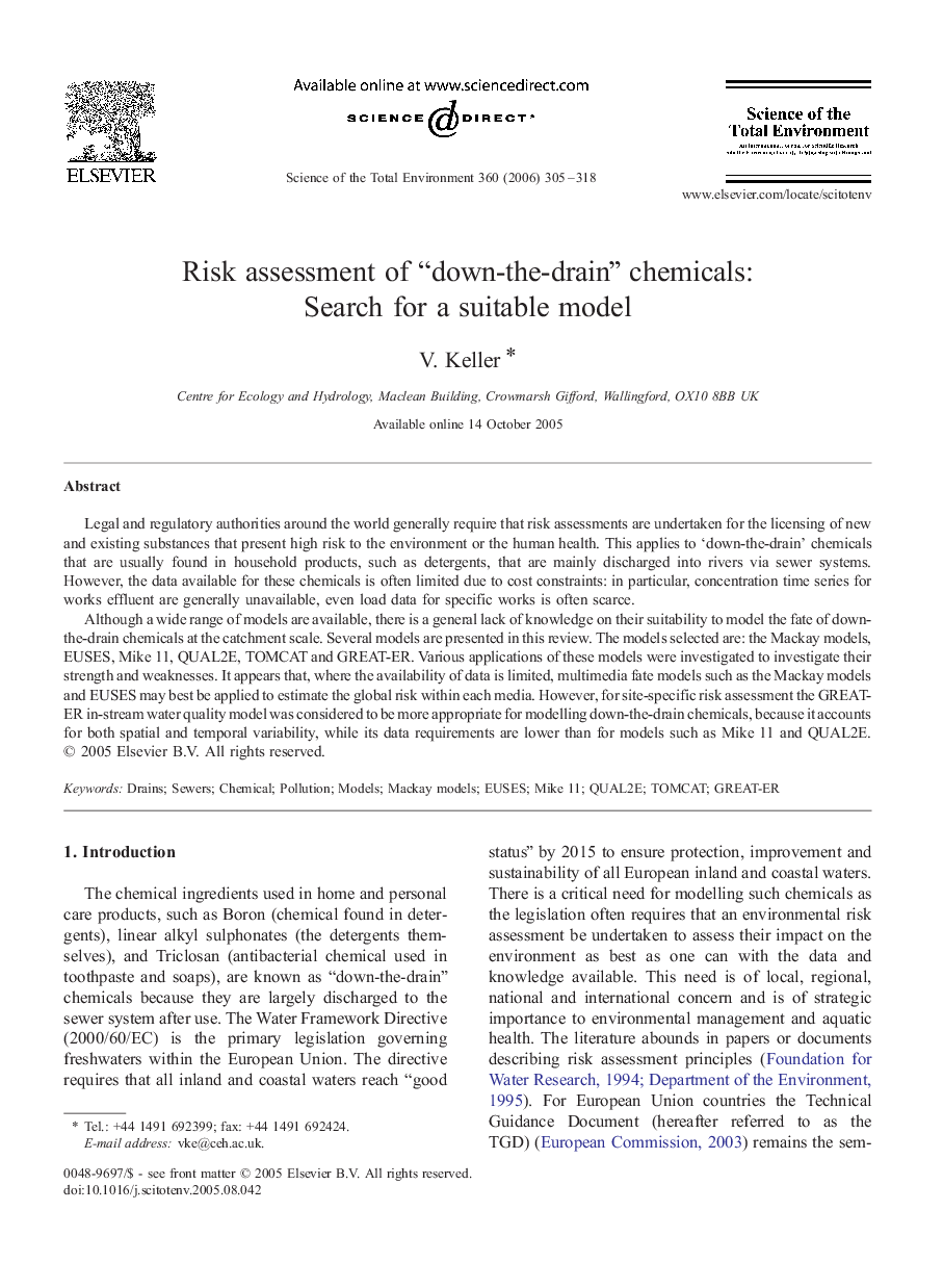 Risk assessment of “down-the-drain” chemicals: Search for a suitable model