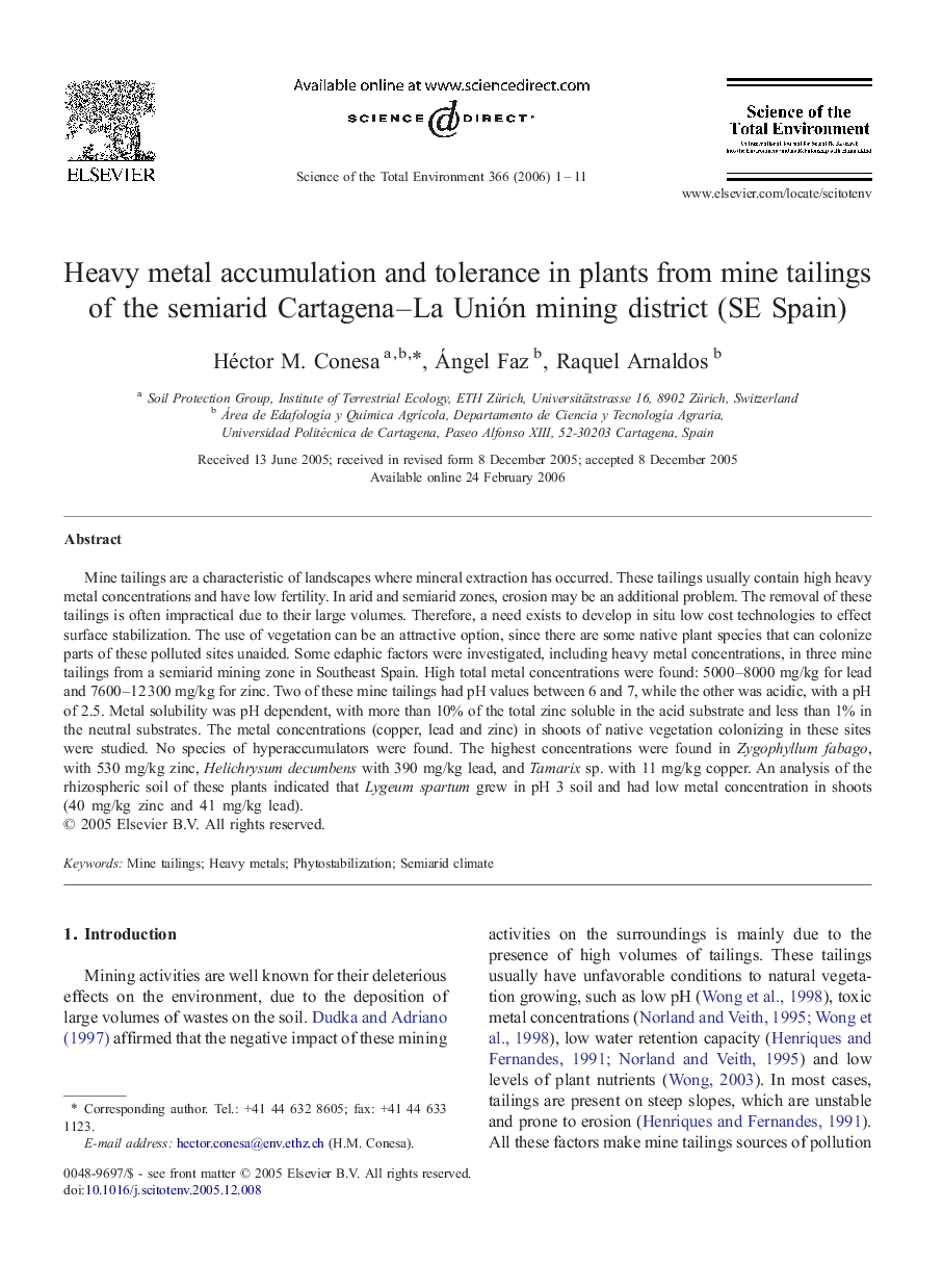 Heavy metal accumulation and tolerance in plants from mine tailings of the semiarid Cartagena–La Unión mining district (SE Spain)