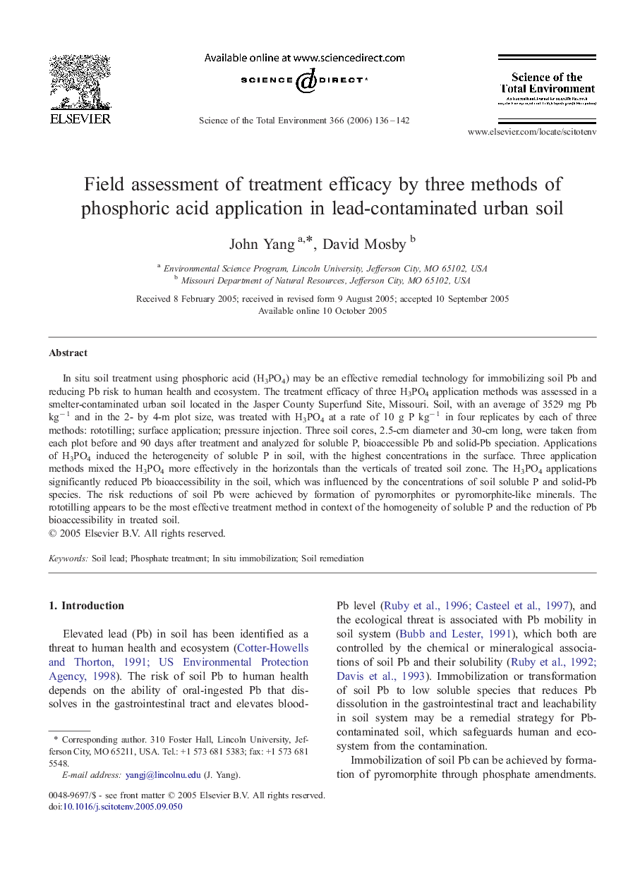 Field assessment of treatment efficacy by three methods of phosphoric acid application in lead-contaminated urban soil