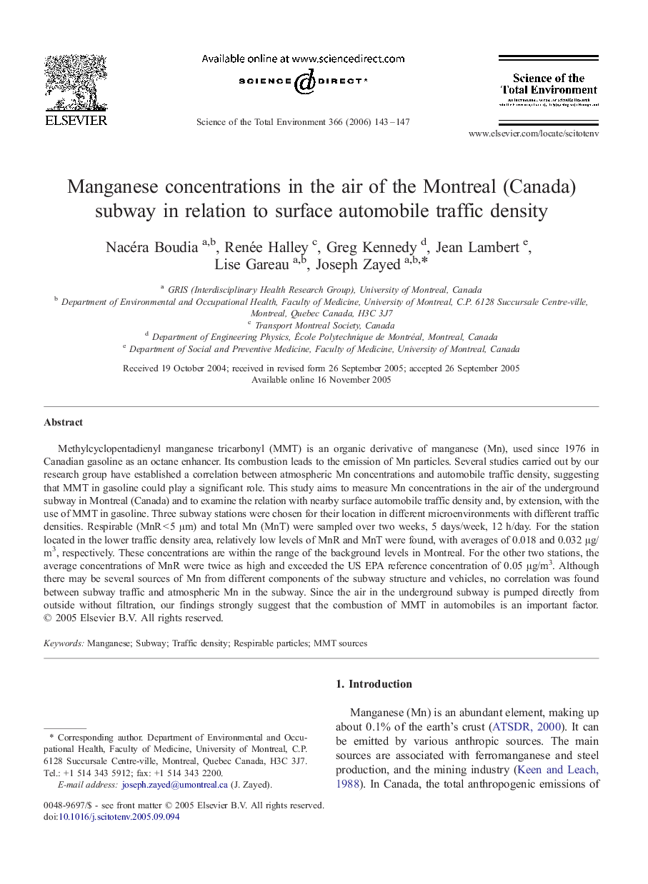 Manganese concentrations in the air of the Montreal (Canada) subway in relation to surface automobile traffic density