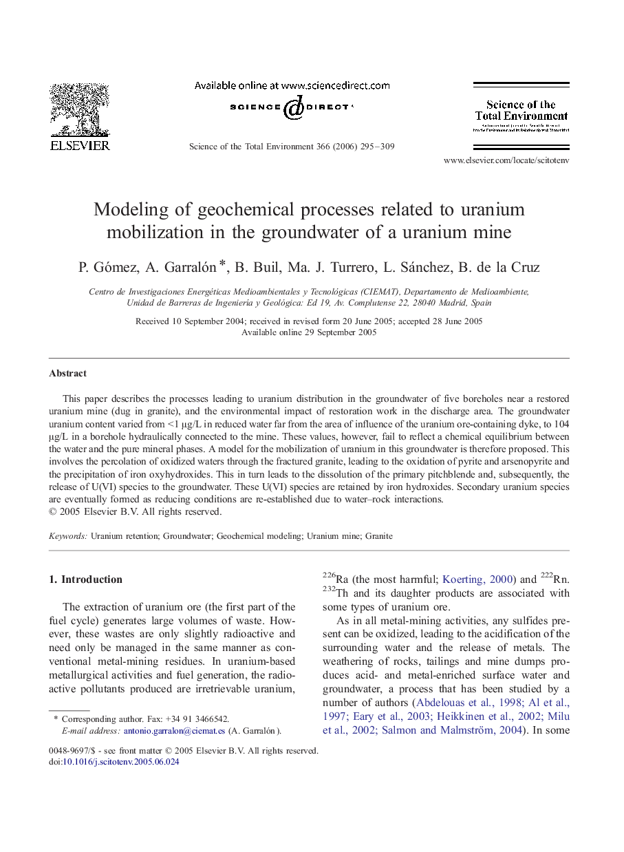 Modeling of geochemical processes related to uranium mobilization in the groundwater of a uranium mine