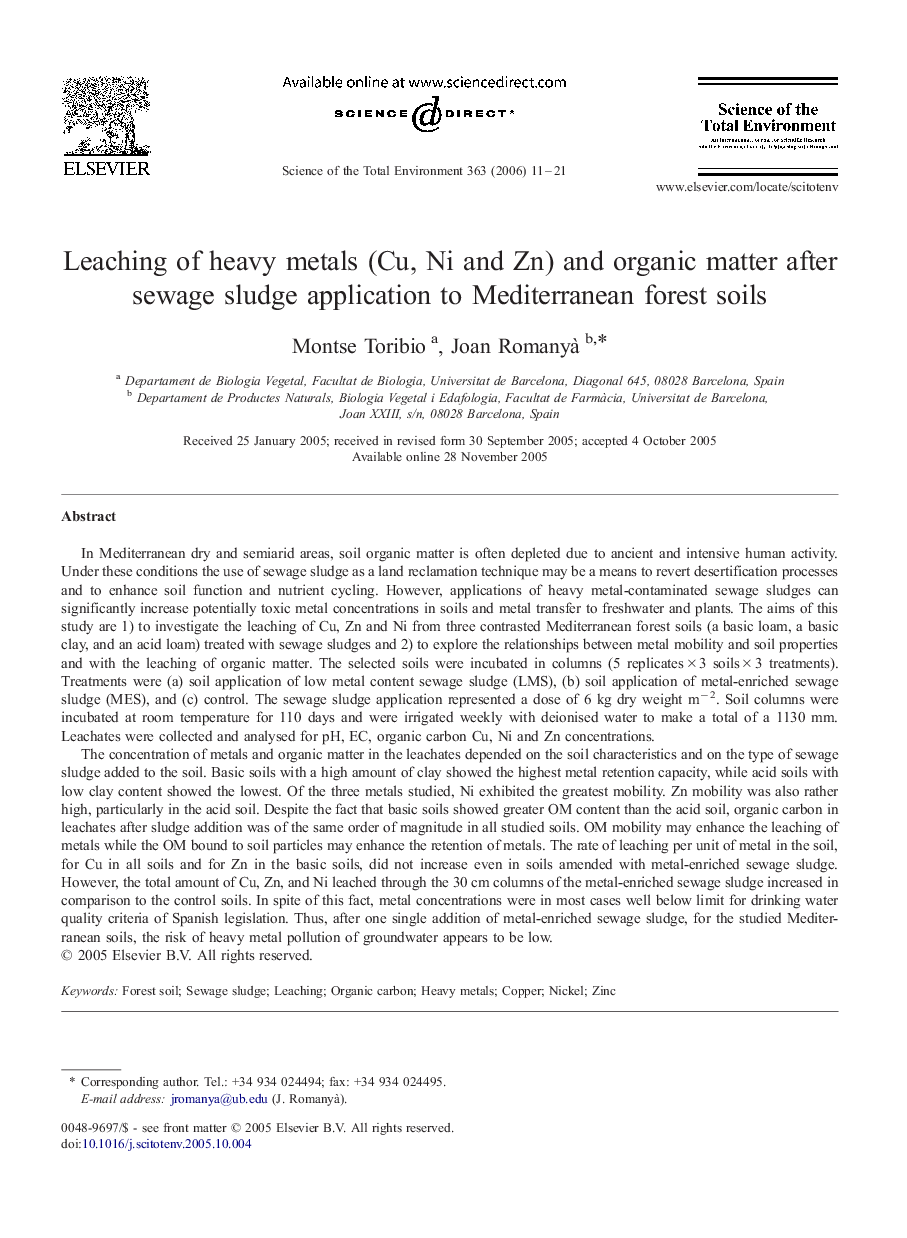 Leaching of heavy metals (Cu, Ni and Zn) and organic matter after sewage sludge application to Mediterranean forest soils