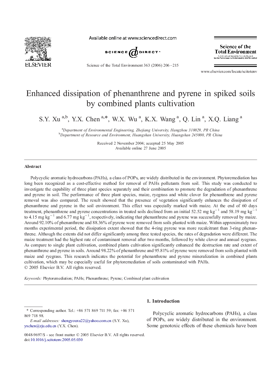 Enhanced dissipation of phenanthrene and pyrene in spiked soils by combined plants cultivation