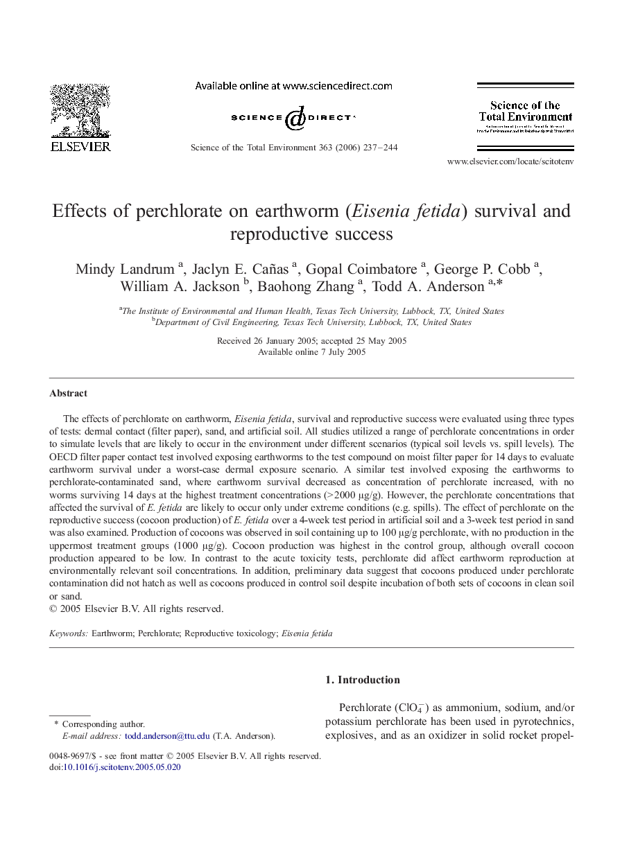 Effects of perchlorate on earthworm (Eisenia fetida) survival and reproductive success