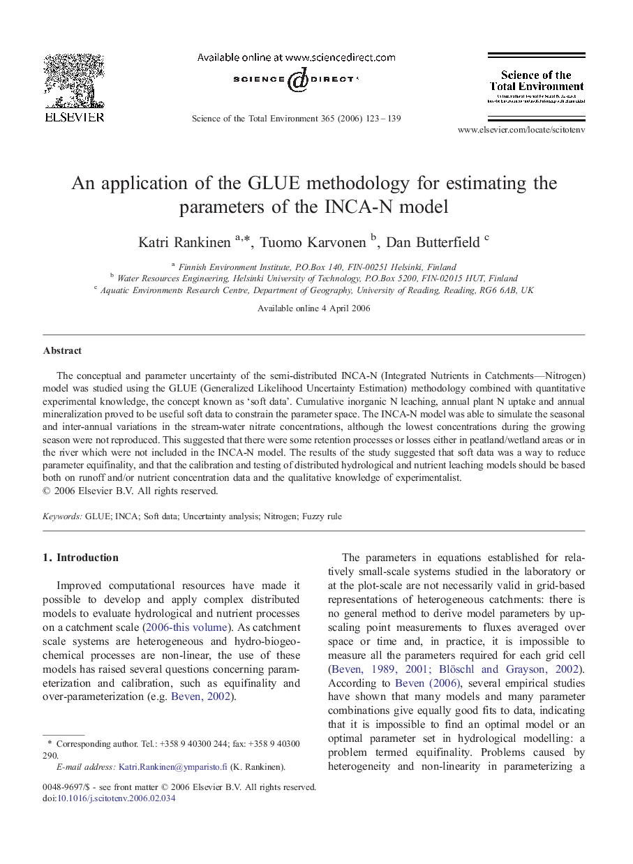 An application of the GLUE methodology for estimating the parameters of the INCA-N model