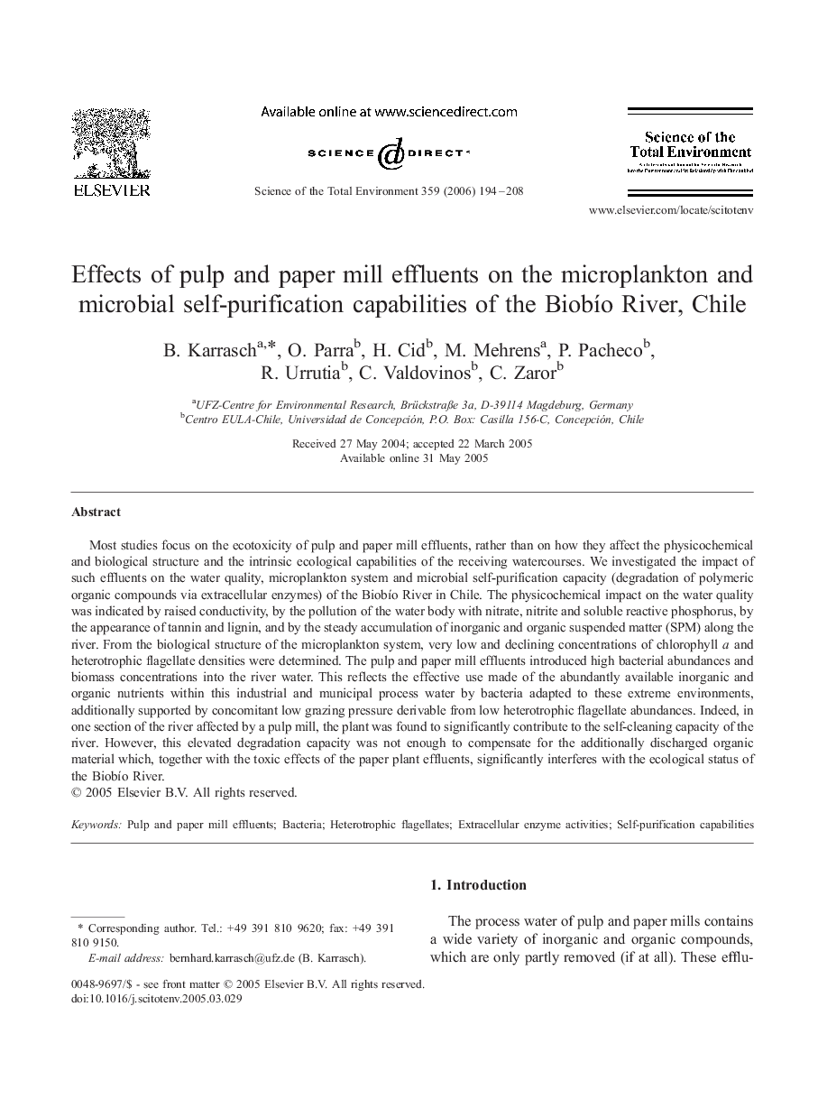 Effects of pulp and paper mill effluents on the microplankton and microbial self-purification capabilities of the Biobío River, Chile