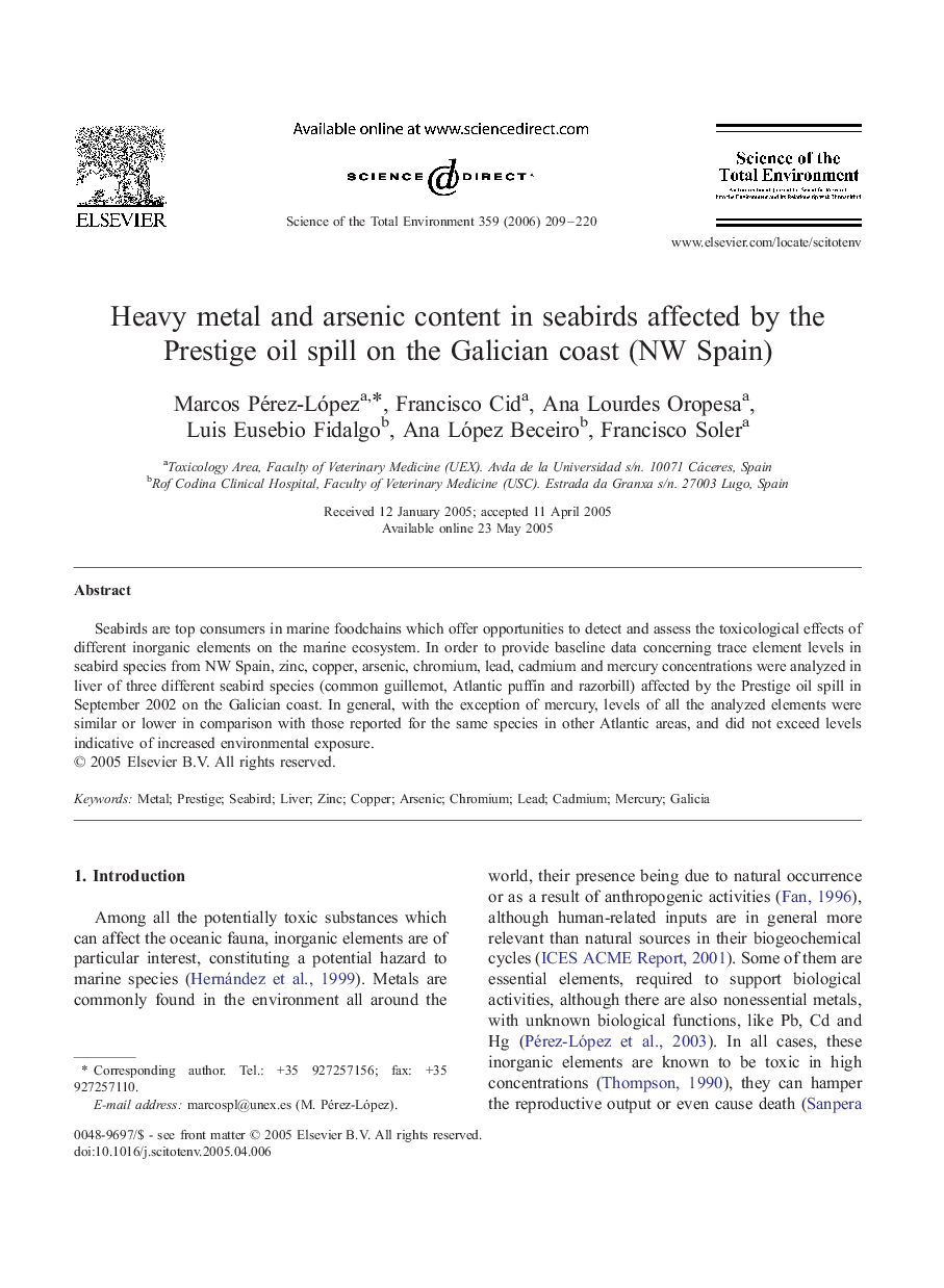عکس صفحه اول مقاله: Heavy metal and arsenic content in seabirds affected by the Prestige oil spill on the Galician coast (NW Spain) Heavy metal and arsenic content in seabirds affected by the Prestige oil spill on the Galician coast (NW Spain)