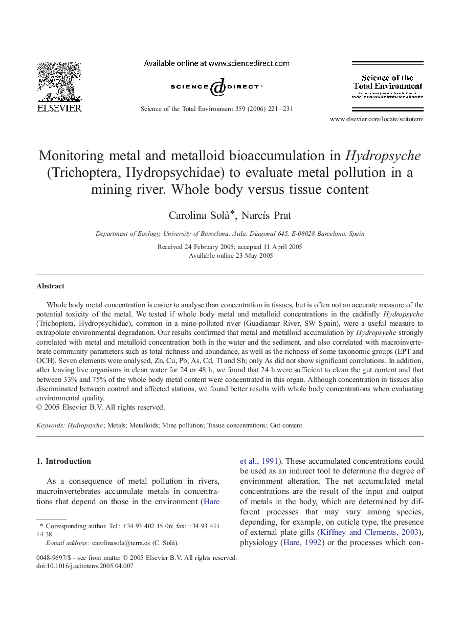 Monitoring metal and metalloid bioaccumulation in Hydropsyche (Trichoptera, Hydropsychidae) to evaluate metal pollution in a mining river. Whole body versus tissue content