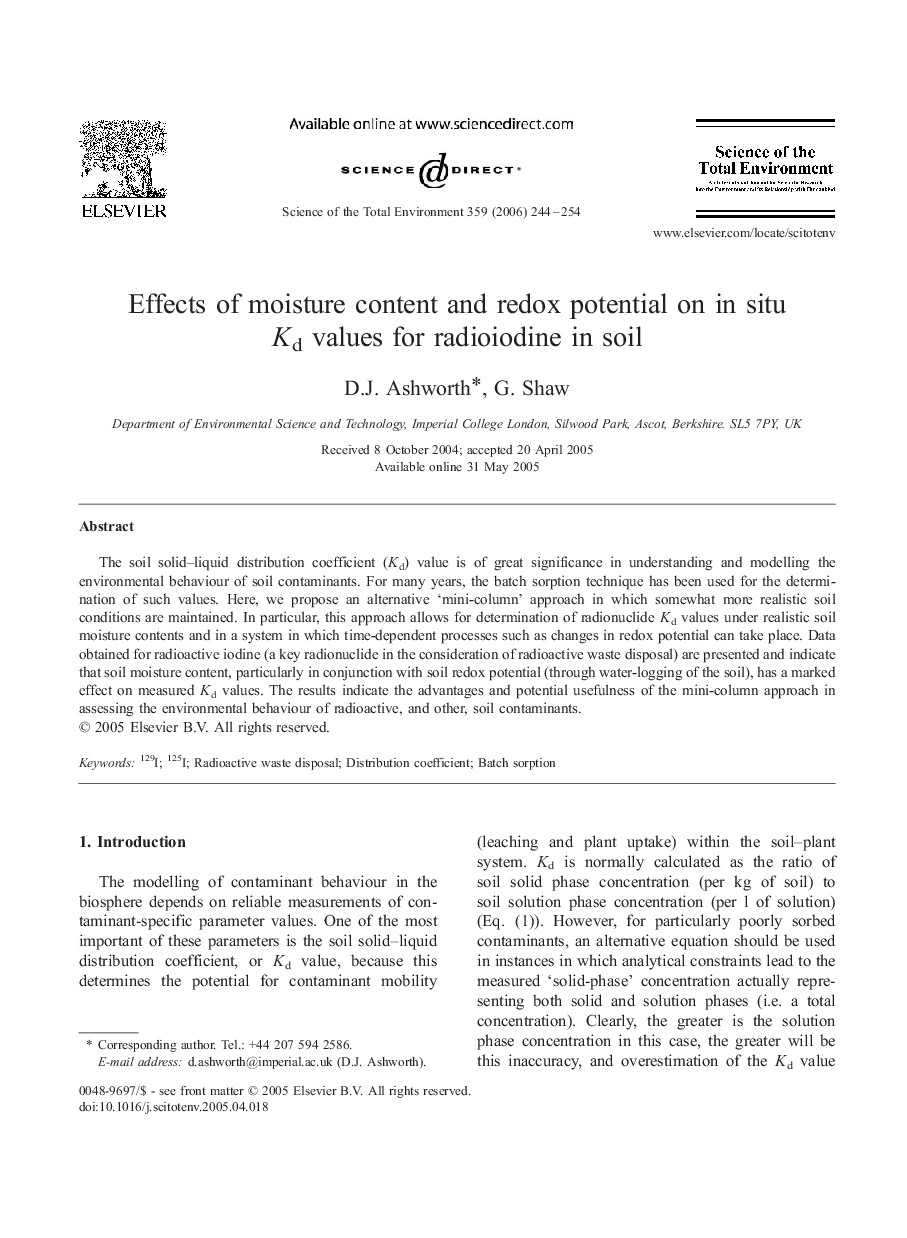 Effects of moisture content and redox potential on in situ Kd values for radioiodine in soil