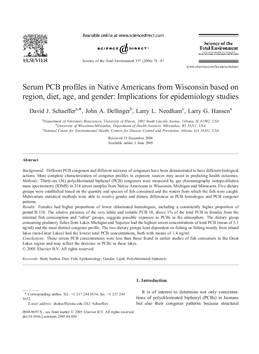 Serum PCB profiles in Native Americans from Wisconsin based on region, diet, age, and gender: Implications for epidemiology studies