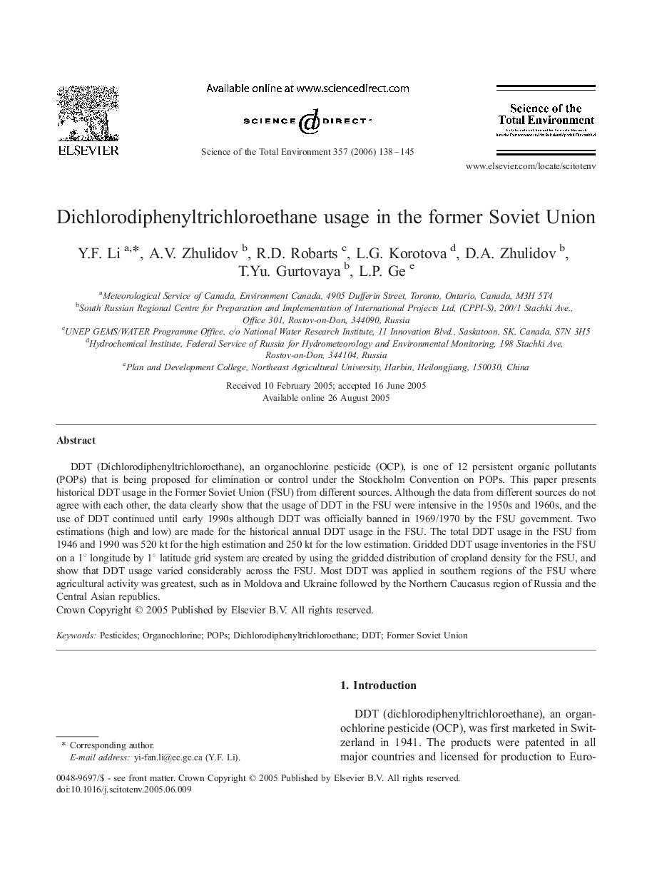 Dichlorodiphenyltrichloroethane usage in the former Soviet Union
