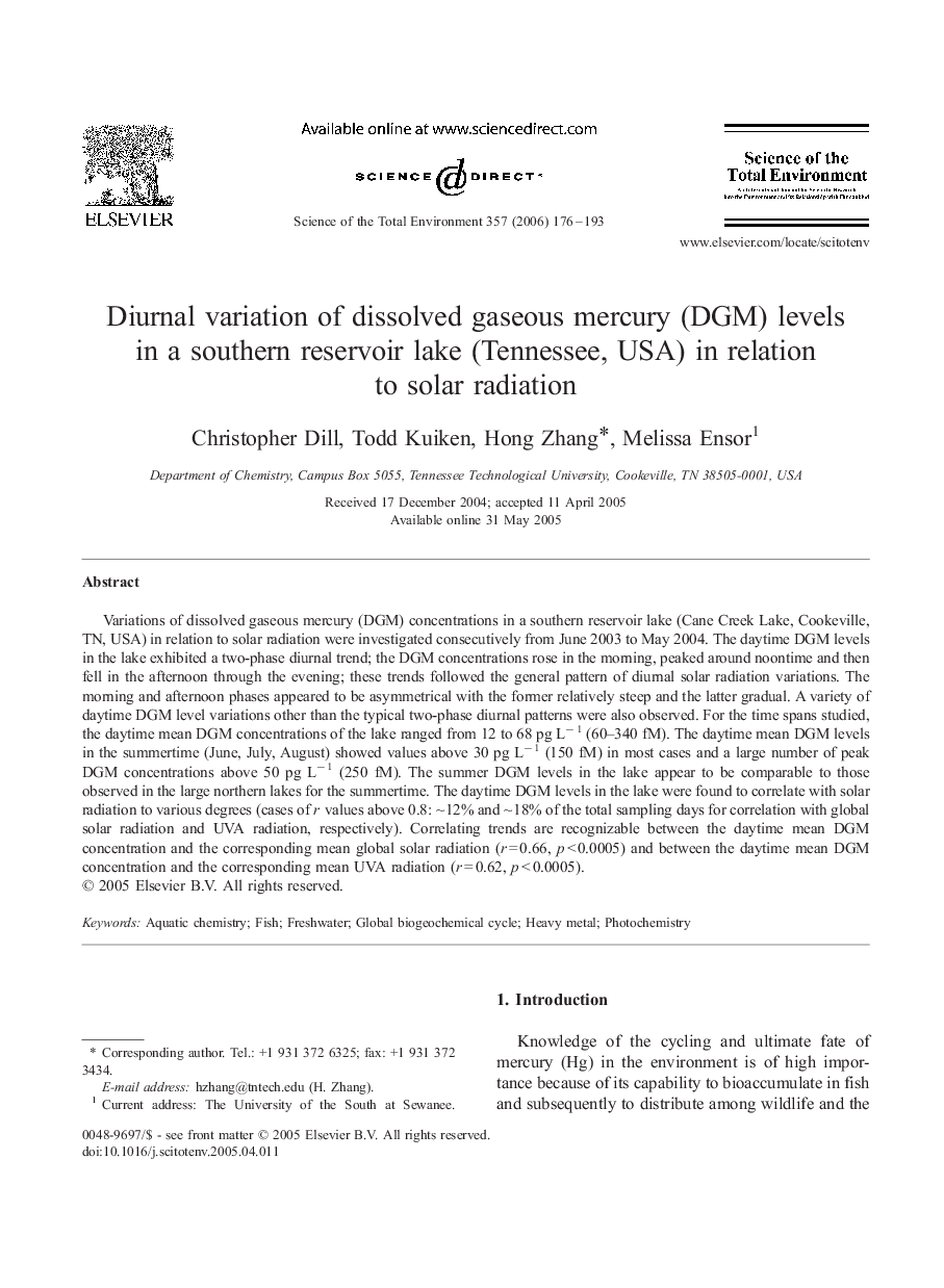 Diurnal variation of dissolved gaseous mercury (DGM) levels in a southern reservoir lake (Tennessee, USA) in relation to solar radiation