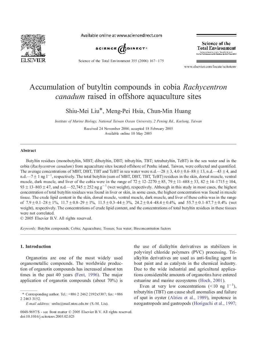 Accumulation of butyltin compounds in cobia Rachycentron canadum raised in offshore aquaculture sites