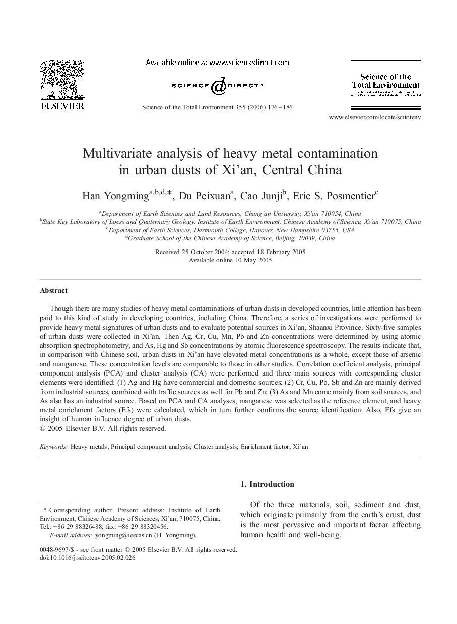 Multivariate analysis of heavy metal contamination in urban dusts of Xi'an, Central China