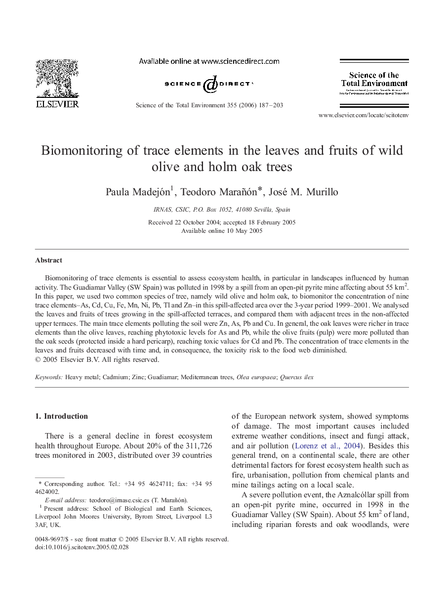 Biomonitoring of trace elements in the leaves and fruits of wild olive and holm oak trees