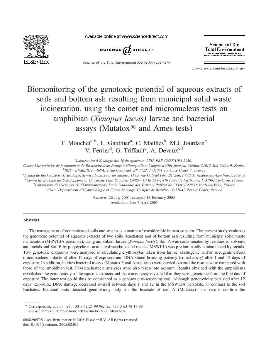 Biomonitoring of the genotoxic potential of aqueous extracts of soils and bottom ash resulting from municipal solid waste incineration, using the comet and micronucleus tests on amphibian (Xenopus laevis) larvae and bacterial assays (Mutatox® and Ames tes