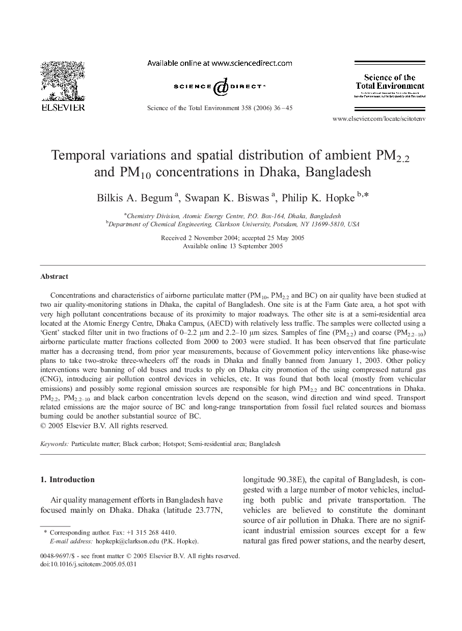 Temporal variations and spatial distribution of ambient PM2.2 and PM10 concentrations in Dhaka, Bangladesh