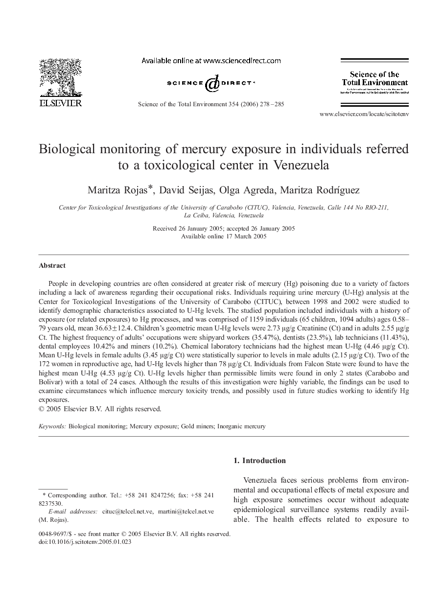 Biological monitoring of mercury exposure in individuals referred to a toxicological center in Venezuela