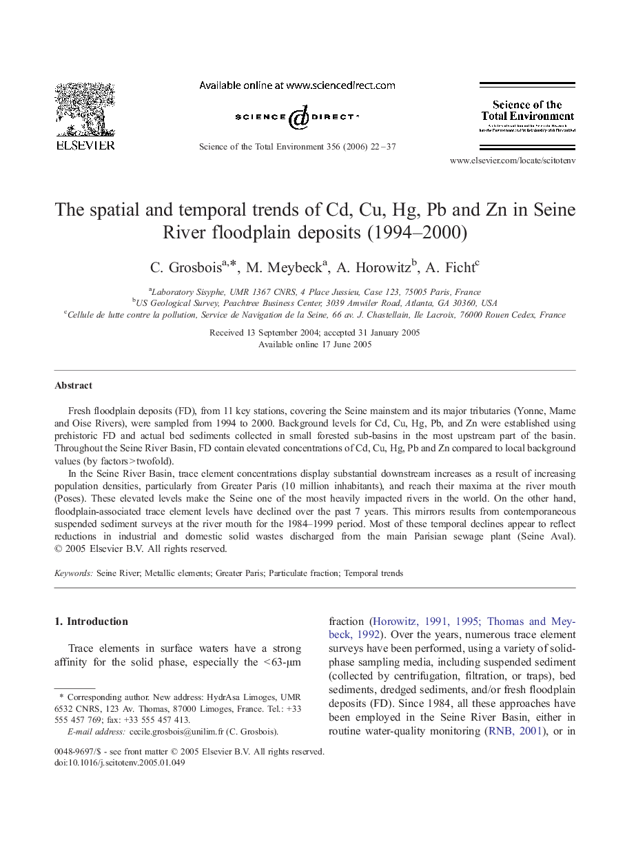 The spatial and temporal trends of Cd, Cu, Hg, Pb and Zn in Seine River floodplain deposits (1994–2000)