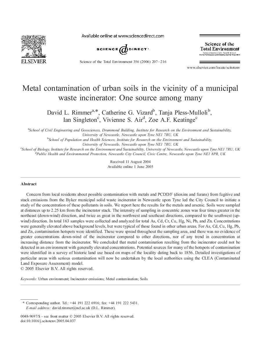 Metal contamination of urban soils in the vicinity of a municipal waste incinerator: One source among many