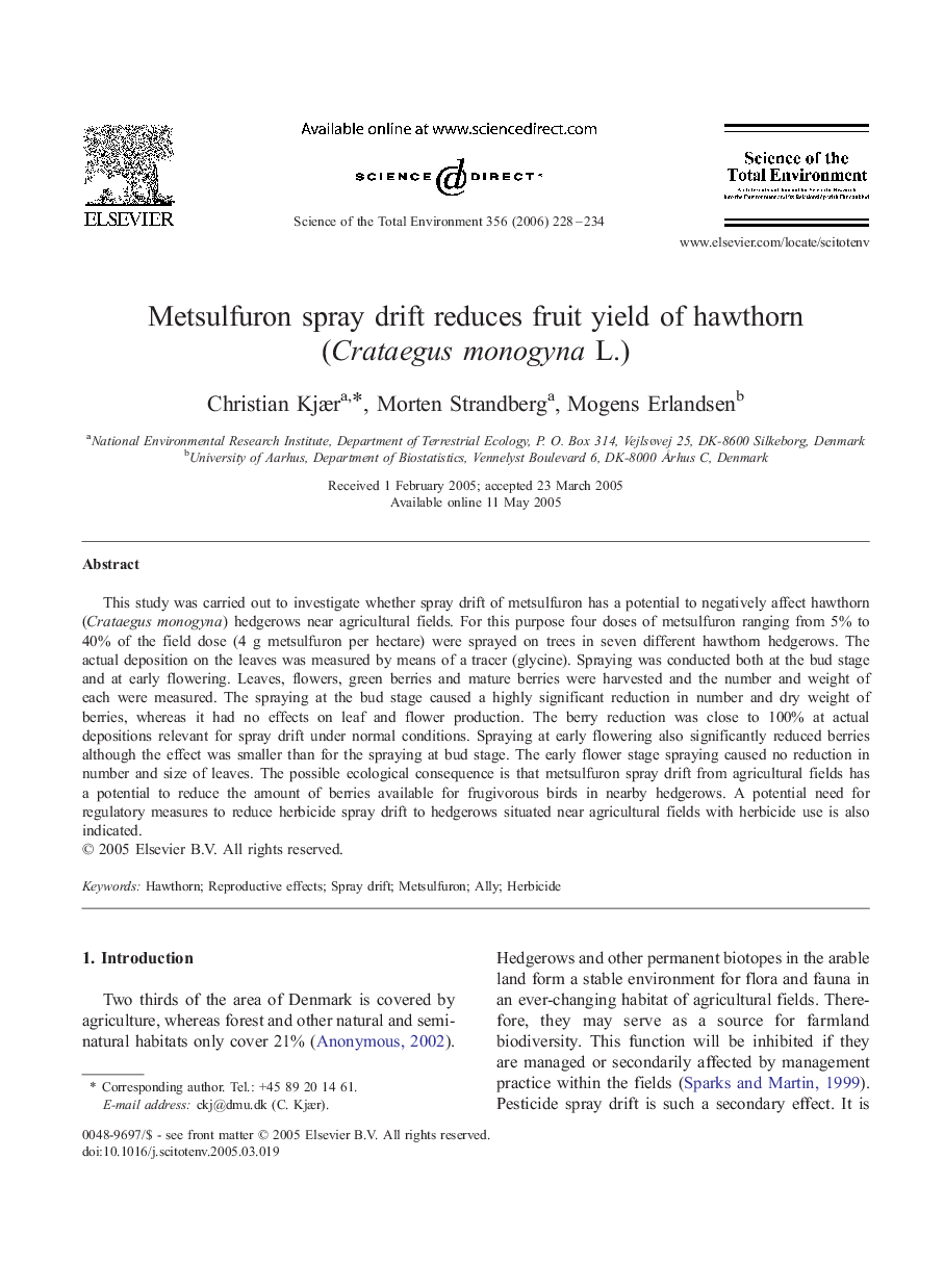 Metsulfuron spray drift reduces fruit yield of hawthorn (Crataegus monogyna L.)