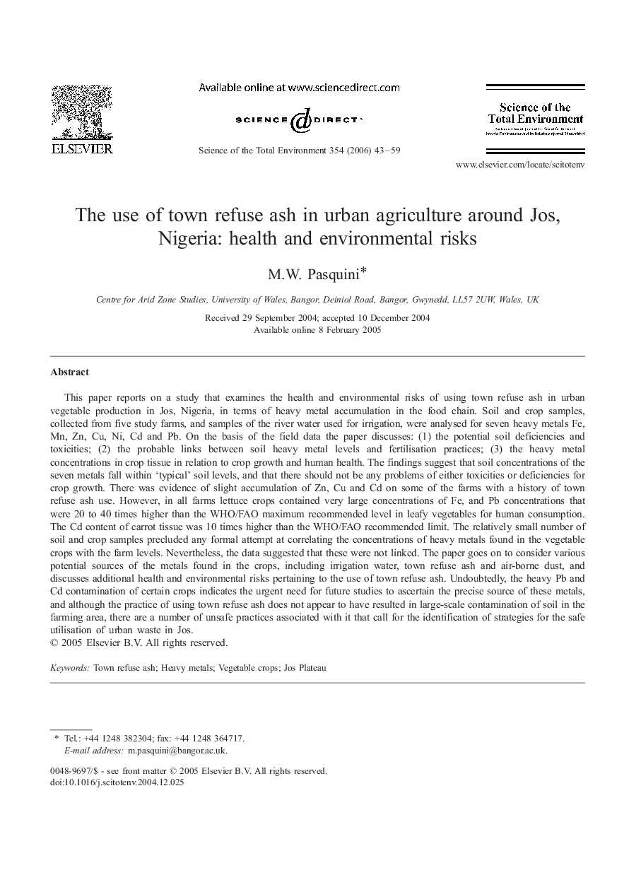 The use of town refuse ash in urban agriculture around Jos, Nigeria: health and environmental risks