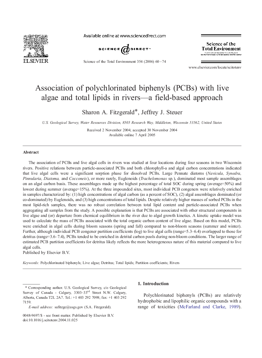 Association of polychlorinated biphenyls (PCBs) with live algae and total lipids in rivers-a field-based approach